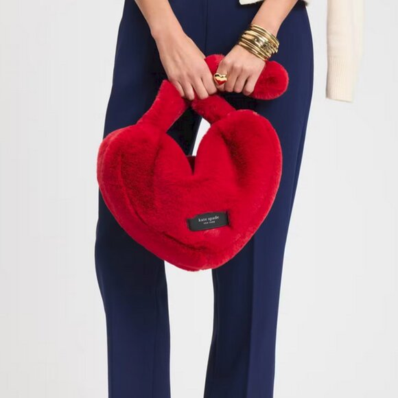 NEW Kate Spade Luver Huge Soft Faux Fur Heart KJ902 Cherry Rouge Shoulder Tote - Picture 3 of 6